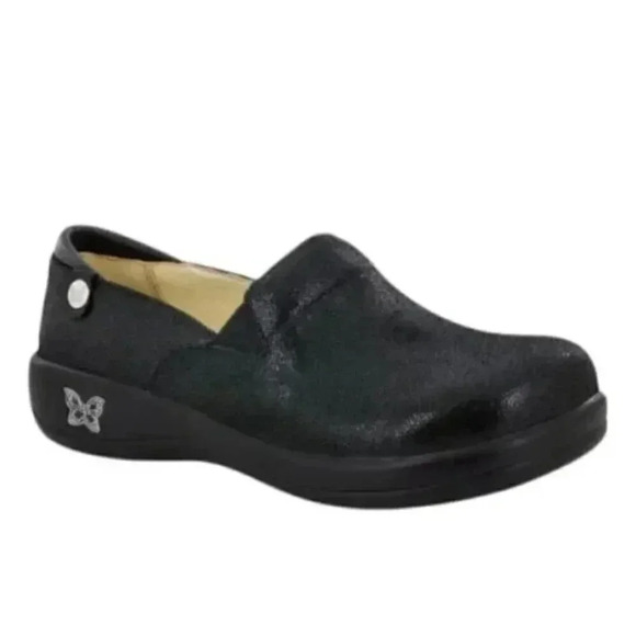 Alegria LIKE NEW Keli Professional Shoes Metallic Embossed Loafers Slip On Black - Picture 1 of 14